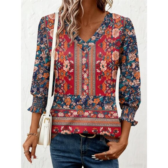 Womens 3/4 Sleeve Blouse Polyester Spandex V-Neck Casual Top Large - Picture 2 of 5